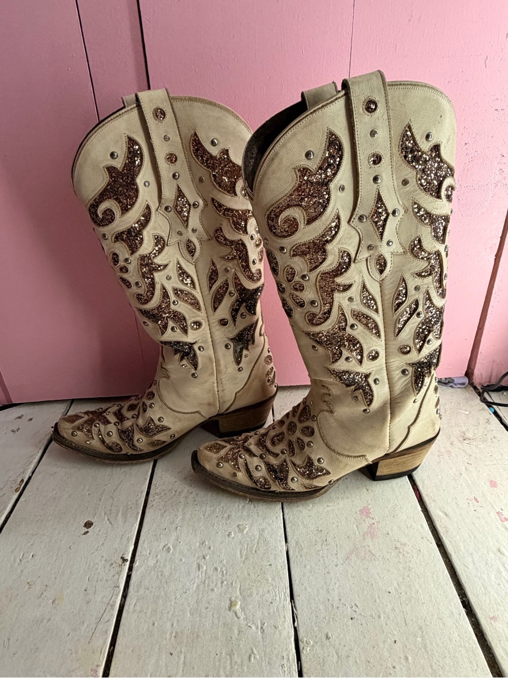Embellished Cream Western Heeled Boots